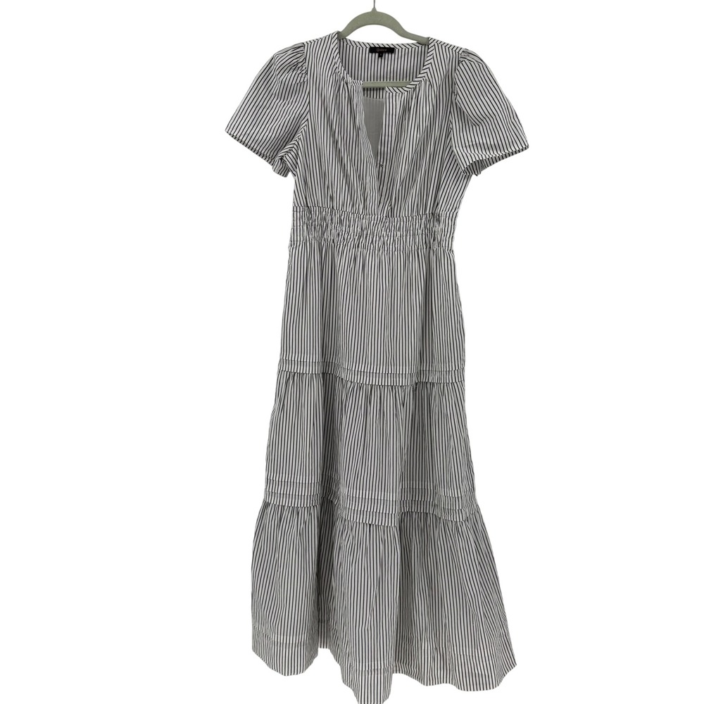 Quince Organic Cotton Poplin Tiered Maxi Dress Steel Grey Soho Stripe Small